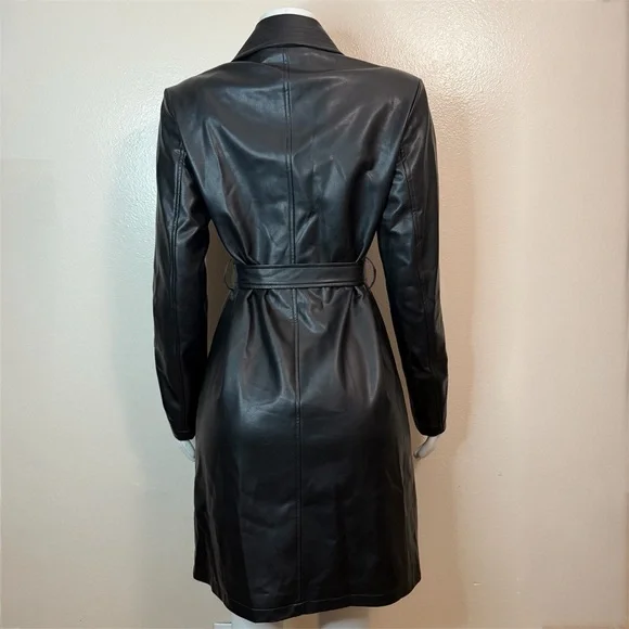 Black faux leather lapel collar belted open front trench coat - Picture 7 of 15